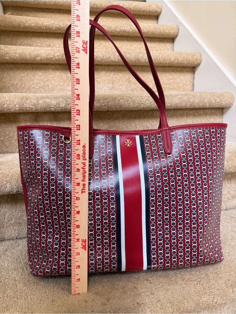 Tory Burch Gemini Red Patterned Stripe Tote Bag